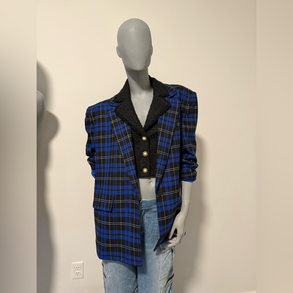 Alice + Olivia  Blue/Black Plaid Boxy Blazer